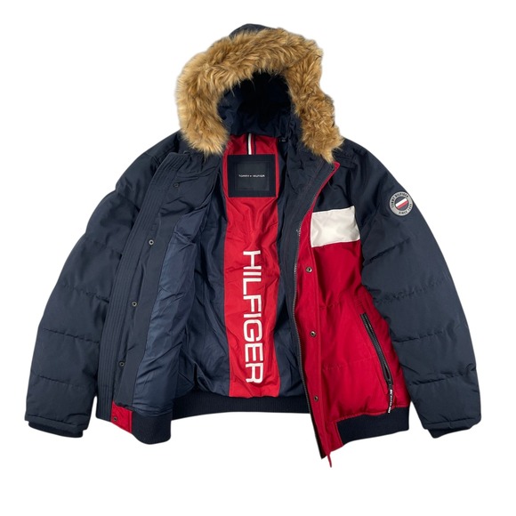 Tommy Hilfiger TH Short Snorkel Coat Mens XXL Navy Blue Red Puffer Hooded Jacket - Picture 1 of 16